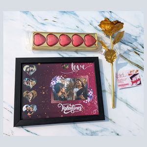 Valentines theme collage photo Frame Combo with chocolate and Golden rose
