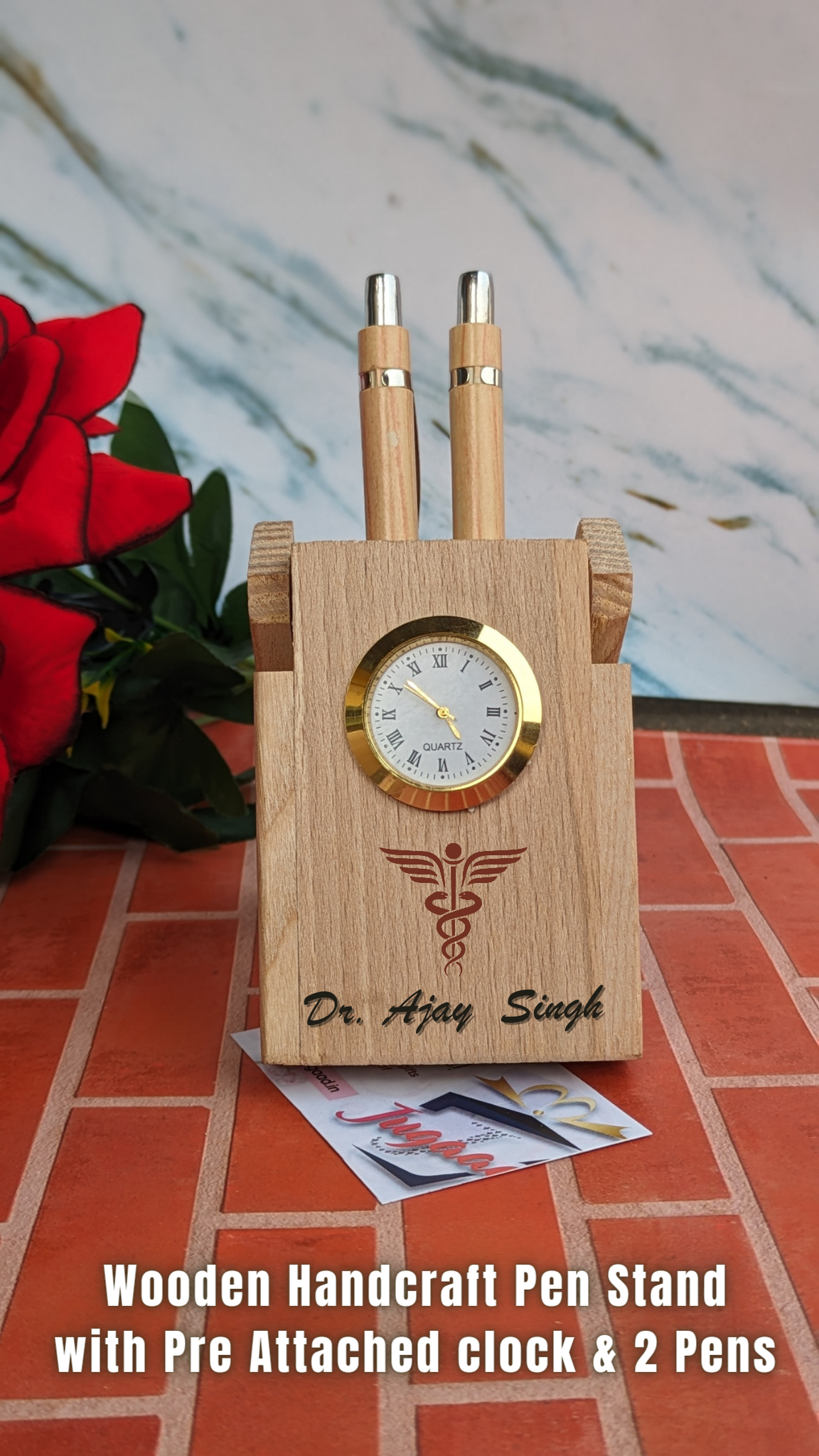 Customized Pen Stand with Pre attached Clock and Wooden 2 pens