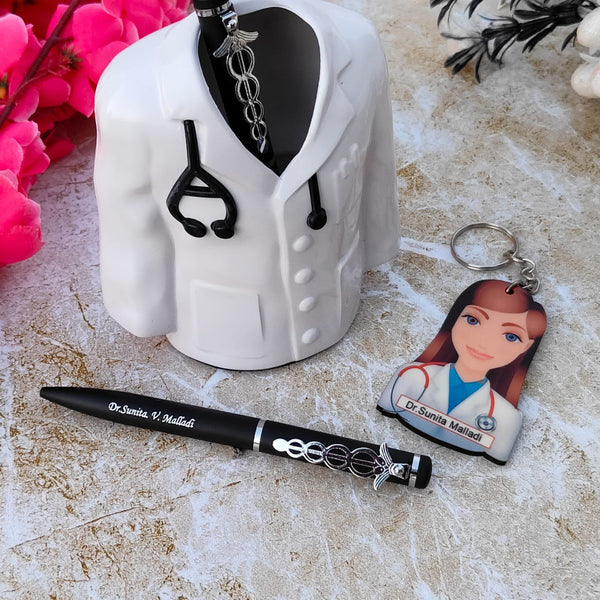 Doctor Coat Pen Stand with Pen and Name Keychain Combo