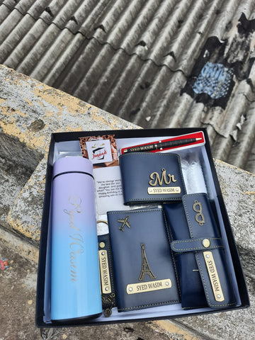 Customized Gift Set - Customised Wallet , Passport Cover , Sunglass cover , keychain, Pen , Bottle