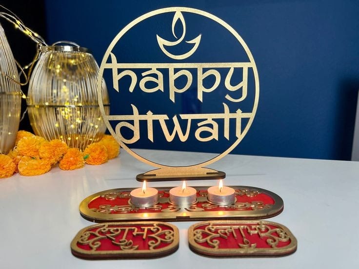 Diwali Special Home Decor set of Table Decoration greeting table top + Tea light holder with 3 tea lights + Shubh Labh Stickers