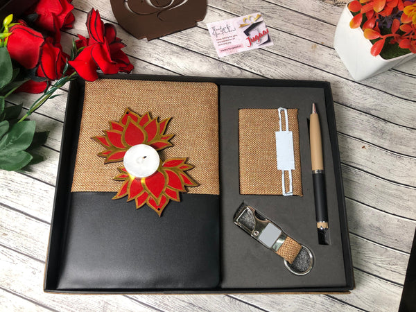 Diwali Special Corporate Diary set ft. - Sisal Design Diary pen Keychain card holder with tea light holders