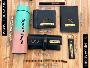 Rakshabandhan :Premium Leather Wallet Leather Keychain Passport Cover Sunglass Cover Metal Pen Temperature Bottle with Rudraksh Rakhi Combo