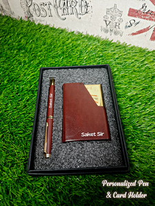 Personalized Brown Leather cover Money/Cum Card Holder and Metallic Pen