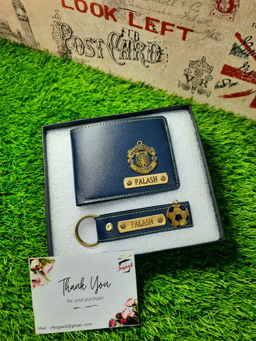 Personalized Leather Wallet and Keychain Set-blue color