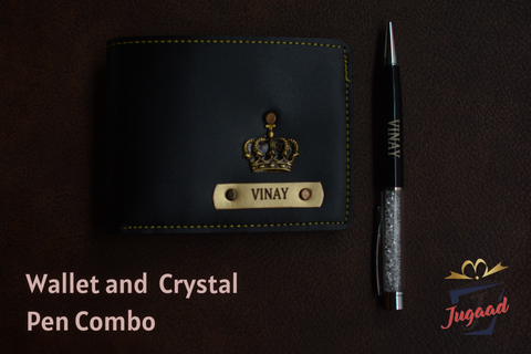 Personalized Wallet and White Crystal Pen Combo for men 