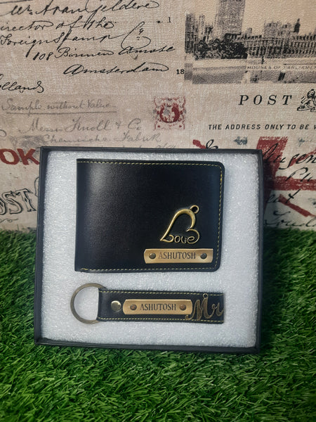 Personalized Leather Wallet and Keychain Set-black color