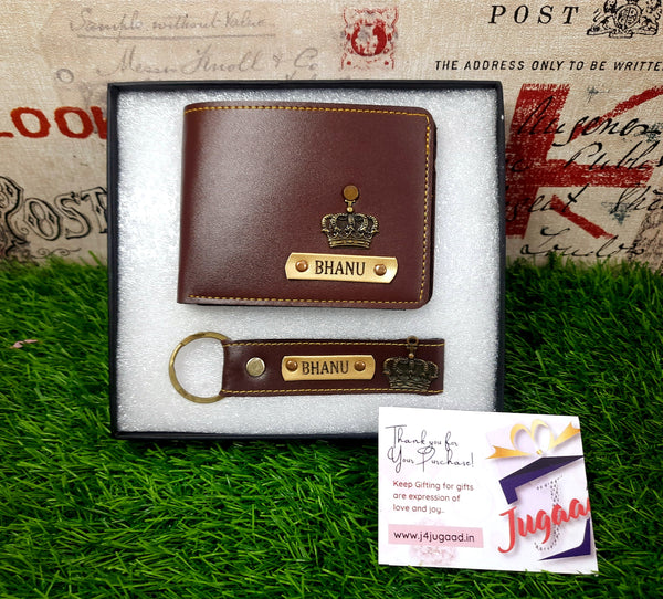 Personalized Leather Wallet and Keychain Set- brown. color