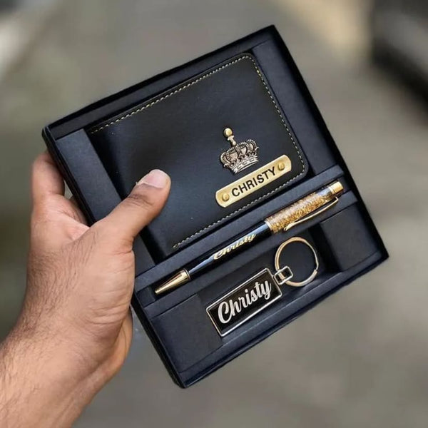 customized mens 3pc wallet combo-wallet pen keyring(black color)
