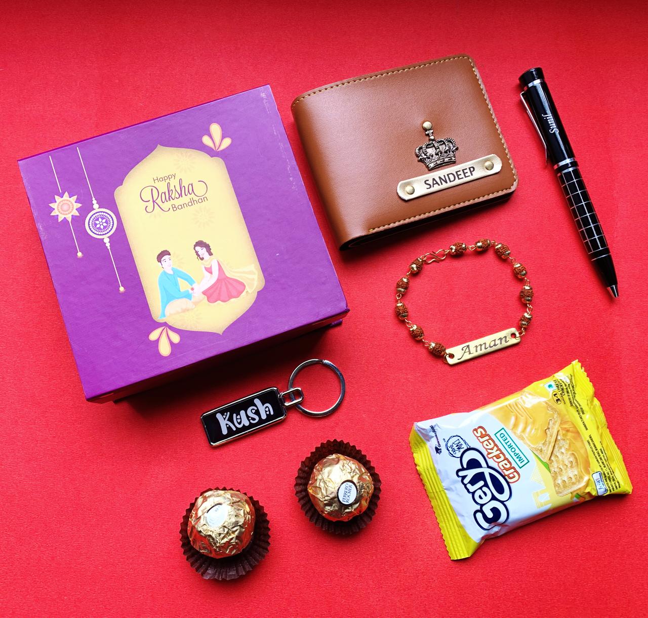 customized rakhi Premium Combo 1.0 ( Wallet+ Pen+ Choclates+ Keychain+ Rakhi) 