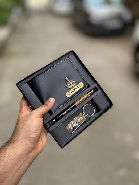 customized mens 3pc wallet combo-wallet pen keyring(black color)