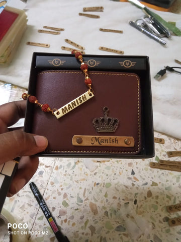 Wallet and rudraksh rakhi combo-brown color