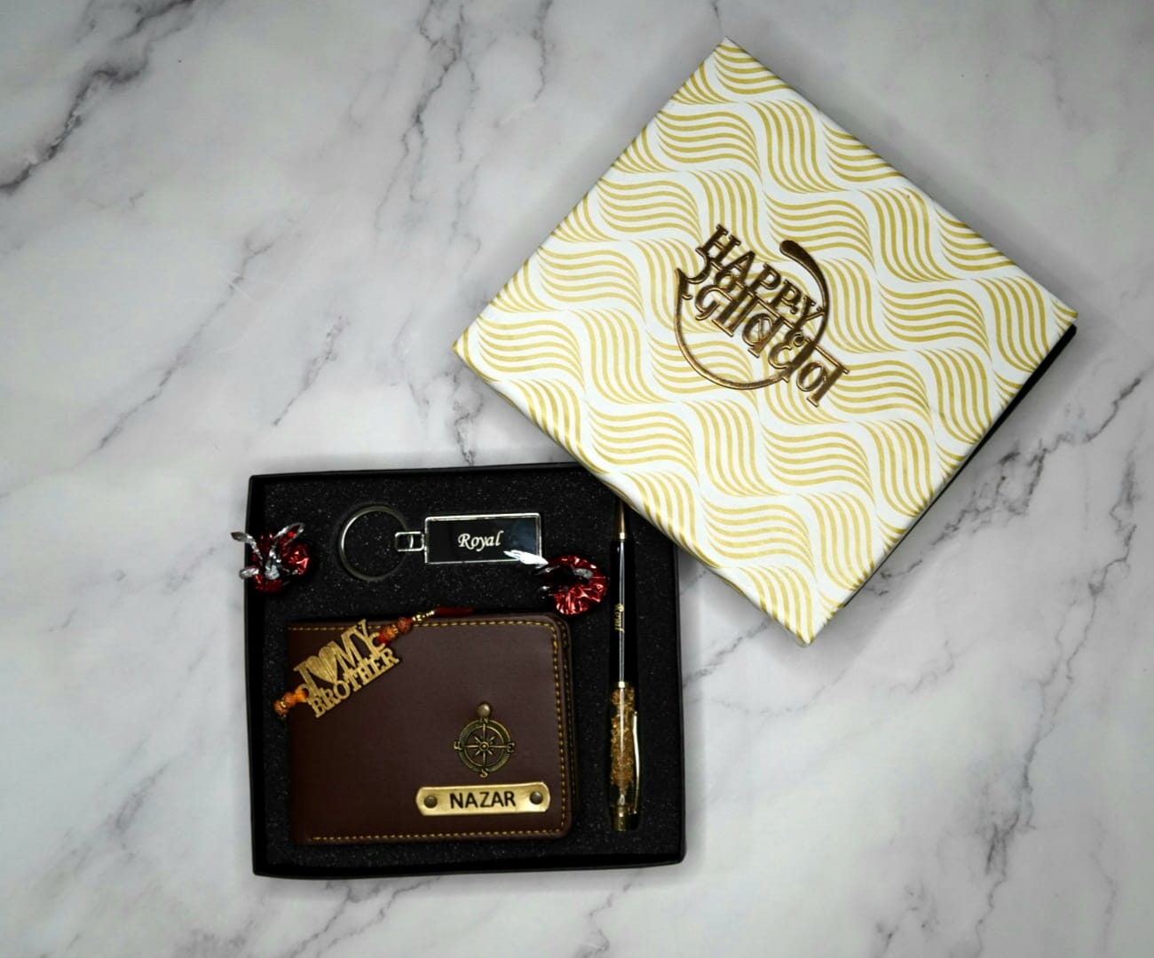Rakhi Combo - Personalized wallet - Metallic Flake pen - Metal keychain and complimentary chocolates in beautiful rakhi box