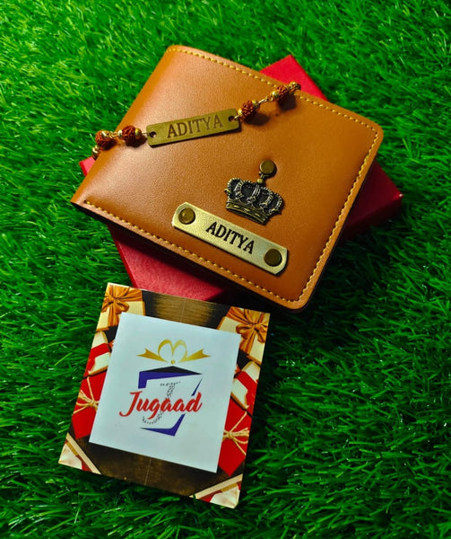 Personalized Wallet and rudraksh braclet combo-tan color