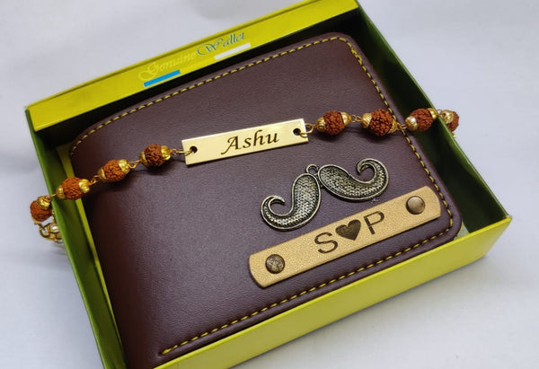 Personalized Wallet and rudraksh braclet combo-brown color