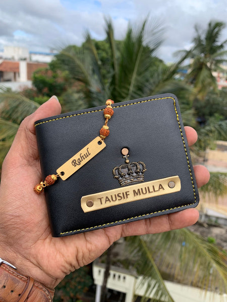 Personalized Wallet and rudraksh braclet combo-black color