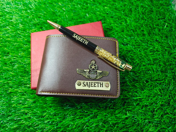 Customized wallet and golden flake pen combo