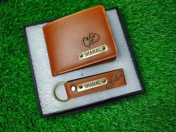 Personalized Leather Wallet and Keychain Set-tan color