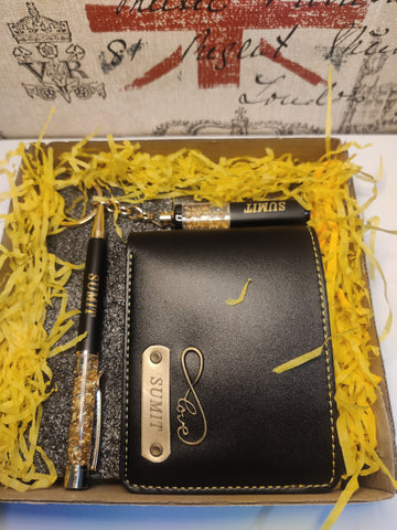 Gift Combo - Personalized Wallet + Golden Flake Metallic pen and keychain