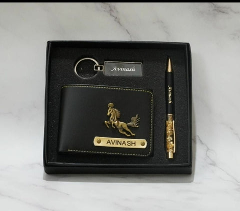 Personalized Wallet - Metallic pen and Metallic keyring combo-black color
