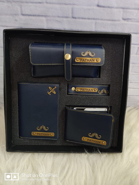Personalized mens 4pc wallet combo-wallet keyring passport cover sunglasses cover-blue color